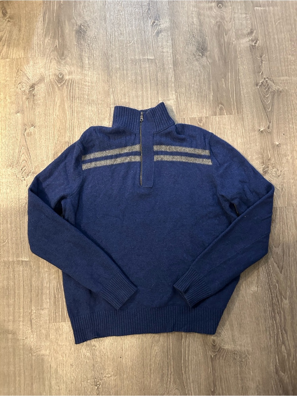 Banana Republic Italian Merino Wool Navy Half-Zip Sweater Gray Stripes